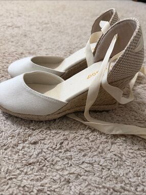Women's Canvas Espadrille Wedge Ankle-Tie Heels - Cream
